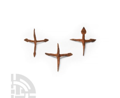 11th-14th century A.D. Comprising three caltrops, hand-forged with square-section in the form of four welded arrowheads. Cf. 