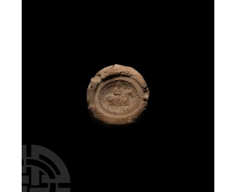 5th-6th century A.D. Displaying an armoured horseman holding a raised spear, Pahlavi inscription in two lines of lapidary scr