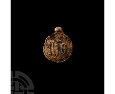 14th-15th century A.D. Discoid plaque with image of crowned St Margaret to obverse, 'ihs' monogram to reverse in a segmented 