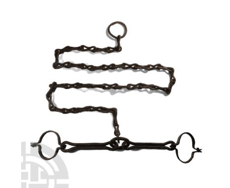 6th-7th century A.D. Comprising thirty-eight 8-shaped iron links, with interstitial H-shaped twisted elements; securing ring 
