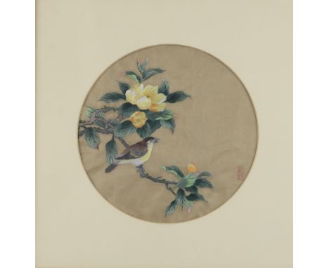 Chinese silk embroidery depicting a bird perched on a branch with blossom, with red seal mark, in circular mount, 23cm diamet