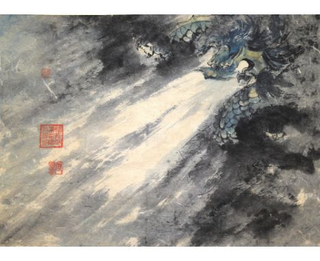 Chinese scroll painting depicting a dragon emerging from the dark, three red seal marks reading 'Li Yun Long', Yun Xi Zhao' a