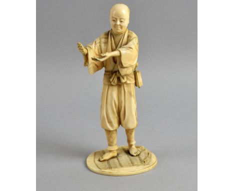 Early 20th century Japanese carved ivory okimono of a standing man with his arms outstretched, signed to base, 18.5cm high,PL