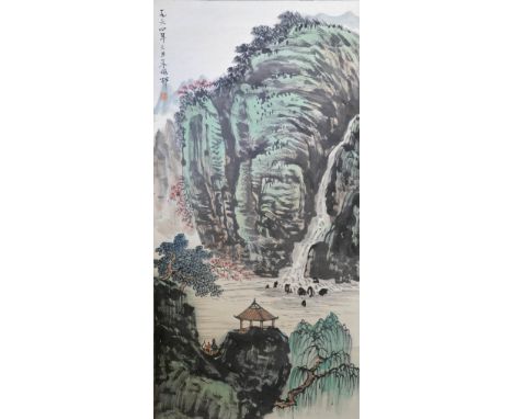 Modern Chinese scroll depicting figures in a landscape setting, with calligraphy and red seal mark, image size 133cm x 66cm,