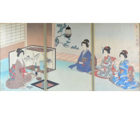 After Chikanobu, woodblock print triptych, 'Tea Ceremony', published by Takekawa, each panel 35cm x 23cm,