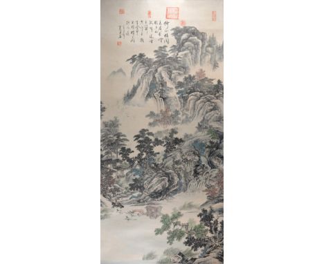 Chinese printed scroll depicting figures in a mountainous landscape, with calligraphy and six red seal marks, image 128cm x 6