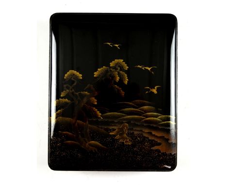 Early to mid 20th century Japanese papier-mache lacquered box and cover decorated in gilt with a landscape scene and cranes i