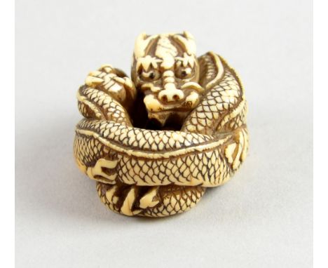 Early 20th century Japanese carved ivory netsuke in the form of a coiled dragon, 4.5cm wide,PLEASE NOTE: THIS ITEM CONTAINS O