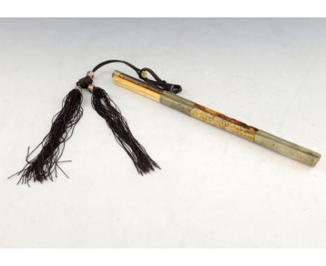 19th/20th century Chinese tortoiseshell, ivory and metal chop stick case with chop sticks, on a beaded and tasseled cord, 31c