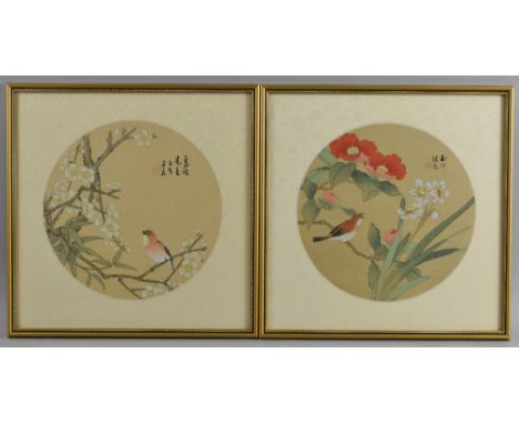 Set of eight Chinese paintings on silk depicting birds amongst foliage, with calligraphy and red stamp mark, each 22cm diamat