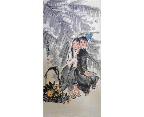 Modern Chinese scroll depicting two young ladies in a garden setting, with calligraphy and two red seal marks, image size 130