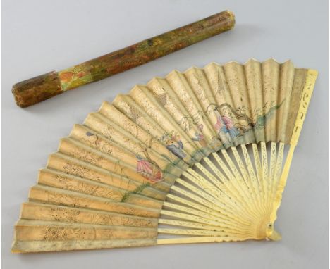 19th century Chinese ivory and paper fan, painted with figures in a garden setting, span 48cm, in a paper tube,PLEASE NOTE: T