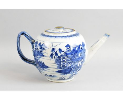 19th century Chinese blue and white teapot decorated with pagodas and boats on a river, with gilding to rim and cover, 15cm, 