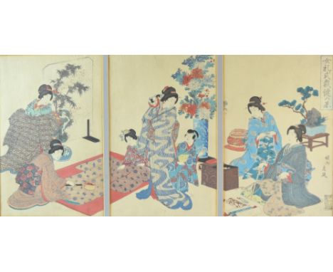 After Chikanobu, woodblock print triptych, 'Women making Kimono', published by Takekawa, each panel 35cm x 23cm,