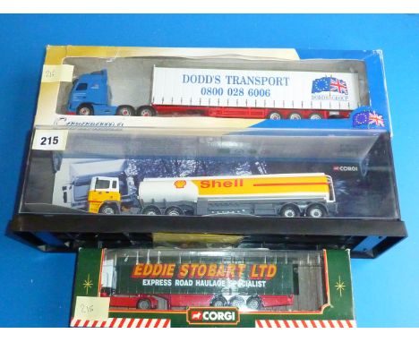 CORGI LARGE SCALE MODEL OF SHELL PETROL TANKER 75102, STOBART 59502, CARARAMA VOLVO FH12 ARTICULATED LORRY