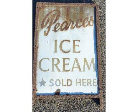 ENAMEL ADVERTISING SIGN - 'PEARCES ICE CREAM SOLD HERE' IN A STEEL FRAME