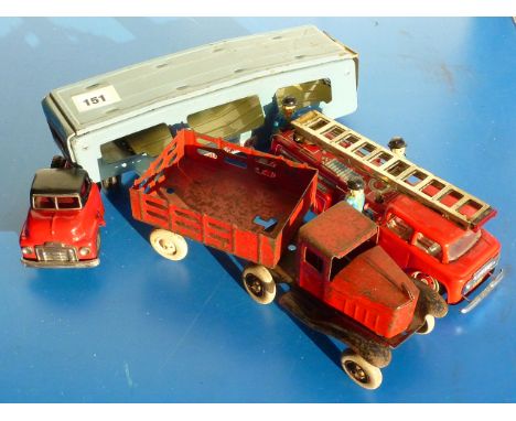 EARLY TIN ARTICULATED LORRY & TRAILER, TIN CAR TRANSPORTER 'AUTOMOBILE TRANSPORTER'  & FIRE ENGINE