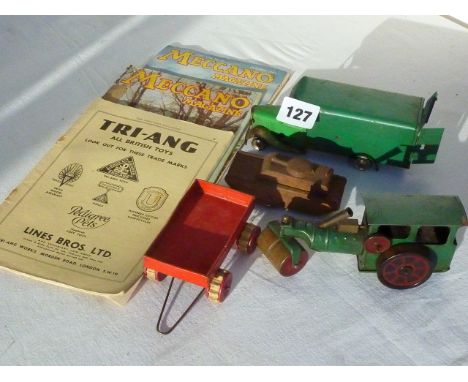 TRIANG MINIC ROAD ROLLER, PANTECHNICON VAN - NO TYRES, GERMAN TIN TANK & A TRAILER