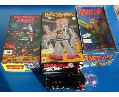 BOXED ROBOTS, THUNDER ROBOT, ROBOT 2008, PLUS U/B HHA TOY SMOKING SPACE ROBOT