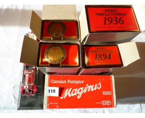 MATCH BOX FIRE LORRIES FK-7, 1923 SCANIER, MAGIRUS 1925, BARFORD ROLLER, FOWLER A MIXED LOT IN BOXED CONDITION