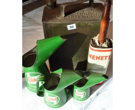 PETROL CAN MARKED 1938 WITH CROWS FOOT, REDLINE TOP,  3 MODERN GRADUATED CASTROL OIL JUGS, NENETTE POLISHER