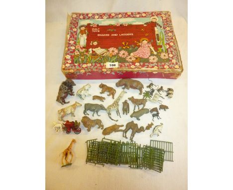 QTY. OF BRITAINS & SIMILAR OLD METAL ZOO ANIMALS, PLUS ZOO FENCE, MATCHBOX HORSE DRAWN FIRE ENGINE