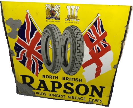 ENAMEL ADVERTISING SIGN NORTH BRITISH RAPSON, THE WORLDS LONGEST MILEAGE TYRE. A VERY RARE SIGN