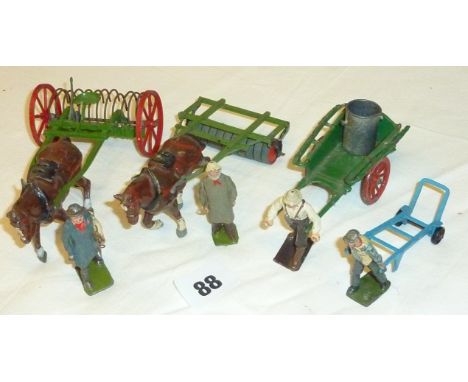 BRITAINS ALL U/B HORSE & RAKE, HORSE & ROLLER PLUS FARM HAND, FARM CART & HAND PLUS CHURNS