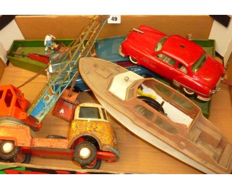 SCHUCO TIN PLATE CLOCKWORK CAR, MADE IN US ZONE GERMANY, GAMA TOY CRANE, METAL FOOTBALL GAME & CLOCKWORK PLASTIC HULLED BOAT