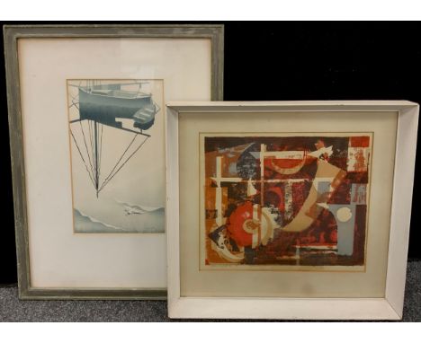 Meryl Watts, by and after, Yacht Reflection, signed in pencil, limited edition number 1/50, woodblock print, 34cm x 20cm;  Ro