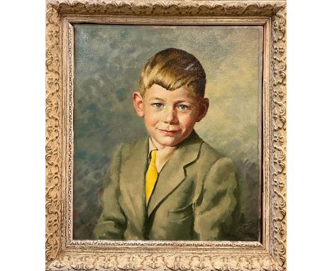 K. C. Green (British school) portrait of a boy, signed, oil on canvas, 40.5cm x 36cm;  another, R. Mellor, Farm buildings, si