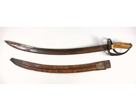 George III Thomas Gill, Birmingham, sabre with a wide double fullered curved blade, L.60.8 cm, stag horn hilt and brass baske