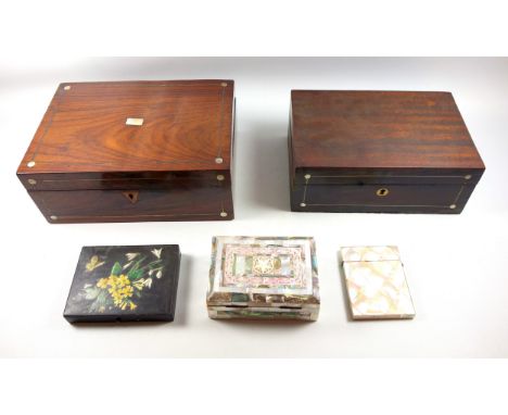 Eastern inlaid mother of pearl and abalone shell trinket box, 5 x 13.2 x 9.4cm  and a calling card case, two mahogany boxes w
