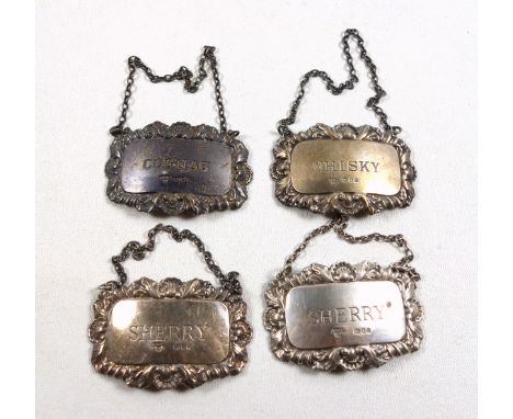 Silver bottle ticket, Cognac, London, 1972, and 3 other tickets, Sherry (2) and Whisky, London, 1976, on chains, all by A C &