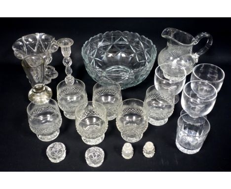 Victorian glass baluster jug with cut lattice decoration, H.17.5cm; 3 early Victorian rummers, 6 cut tumblers, candlestick, H