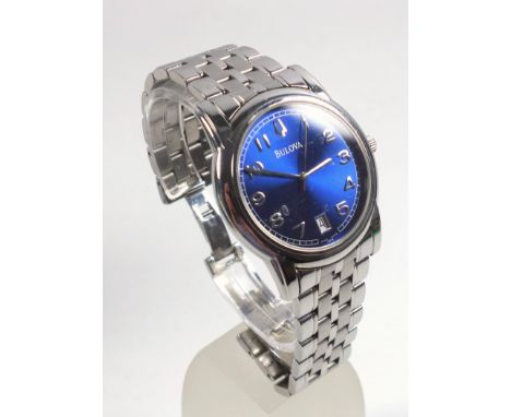 Bulova gentleman’s stainless steel bracelet watch with a circular blued dial, sweep seconds hand, calendar aperture and silve
