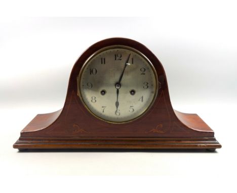 Napoleon mantel clock, with Arabic numeric dial, 8 day movement, striking on the half and hour, in an inlaid mahogany case on