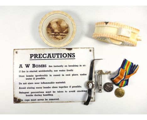 Pair of George V War and Victory medals, awarded to 4065 Pte. R. Palmer 1-co. of Lond.Y., with ribbon; WWII white enamel sign