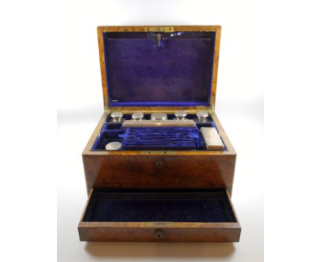 Victorian figured walnut travelling toilet box with under drawer by C. Asprey, 166 Bond St., with Bramah style locks by Samps