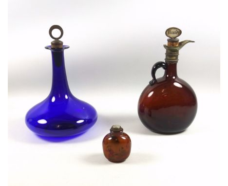 Regency cobalt blue glass mull with a tall tapering neck and whiskey stopper, H.24cm; Continental amber decanter with brandy 