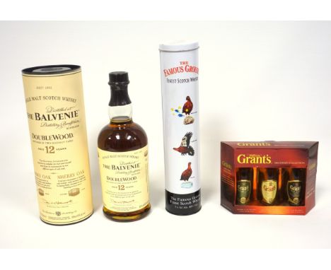 Bottle of Balvenie "DoubleWood" 12 year single malt Scotch Whisky, 70cl, 40% vol., boxed; 3 Famous Grouse miniatures, in a gi