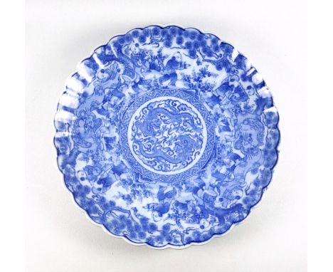 Early 20th century Chinese blue and white saucer dish with a central roundel containing a pair of celestial 4-clawed dragons 
