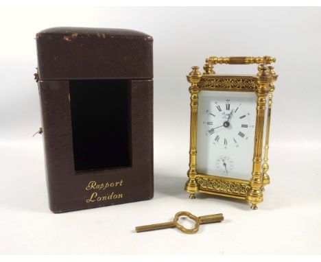 Rapport London gilt brass carriage clock, white Roman numeric and Arabic dial, subsidiary arabic alarm dial, L'Epee movement 
