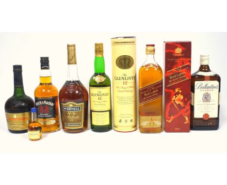 Bottle of Glenlivet 12 year single malt Scotch Whisky, 70cl, 40% vol., top shoulder, boxed; Johnnie Walker Red Label Internat