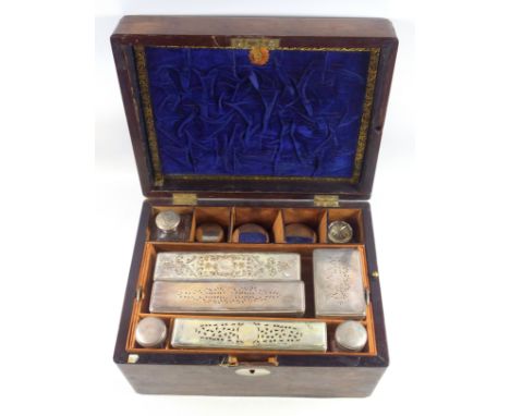 Victorian walnut travelling toilet box with mother of pearl inlay and contents, (a/f), silver vesta case, Birmingham, 1897; g