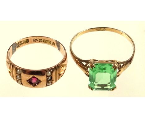 Late Victorian 9ct gold gipsy ring, size M, set ruby and 6 seed pearls, by E F B, Chester 1900, and a ring set pale green sto