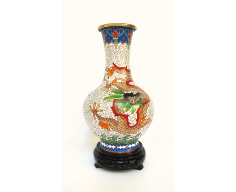 Chinese cloisonne baluster vase with 2 five clawed dragons and the flaming pearl on a white ground, with stand, H.23cm (2)Con