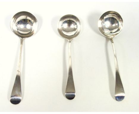 Pair of George III silver Old English pattern sauce ladles, London 1797, and a smaller ladle, London 1798, all by Richard Cro