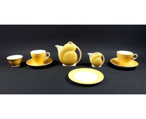 Clarice Cliff 'Nautilus' prototype tea set for 2 on a mottled ochre ground, comprising teapot with cover, H.13cm; jug and sug