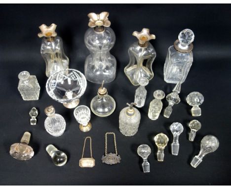 3 silver mounted hourglass decanters, tallest H.25cm; another decanter, George IV silver madeira bottle ticket, plated ticket